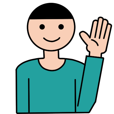 a drawing with thin black lineart, made up of straight lines, circles, and a few curves. it shows a smiling person with a hand raised in greeting. they have black hair, shown as the top portion of their circular head, and are wearing a long-sleeved teal tshirt.